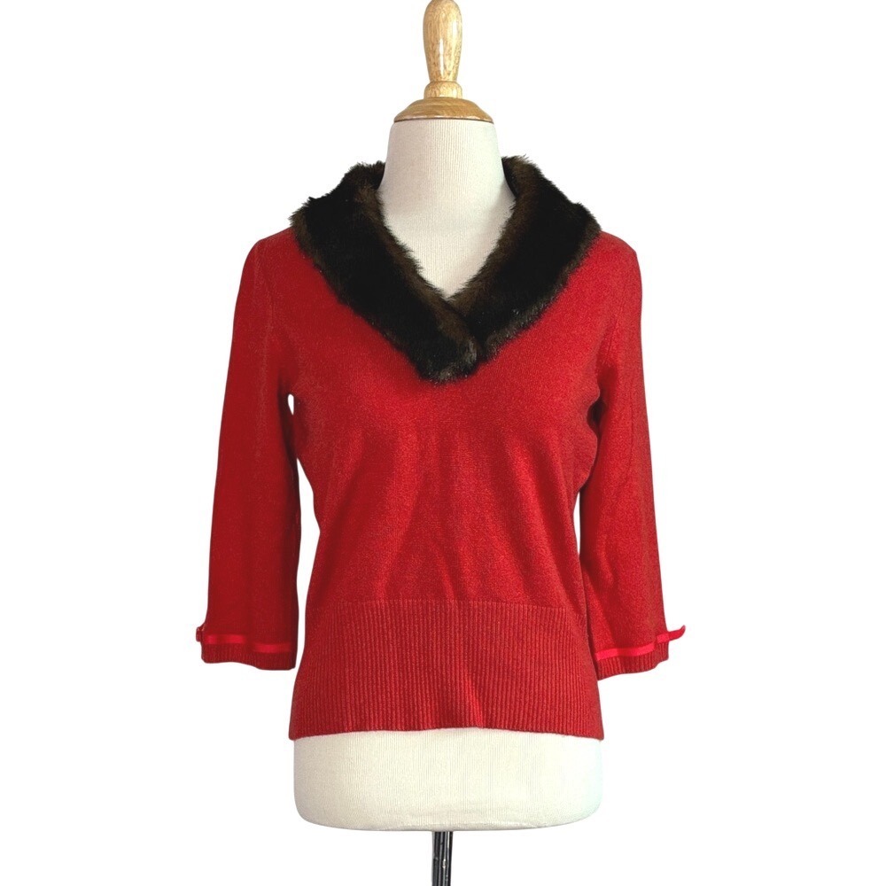 URCHIN Vintage Large Red Silk Cashmere Blend Sweater Faux Fur‎ Collar Old Money
